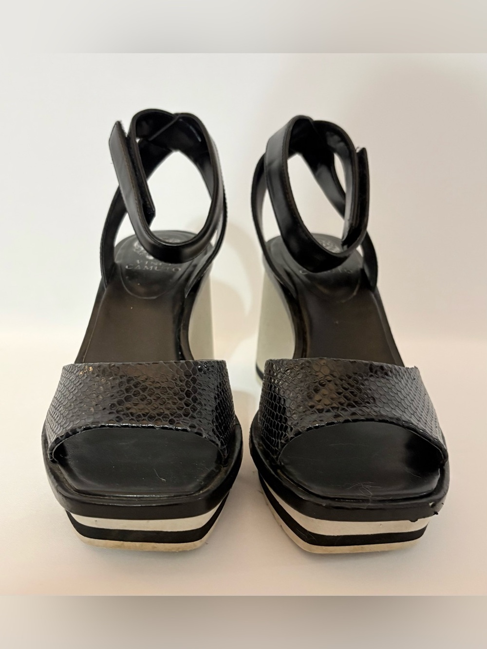 Vince Camuto Black Platform Sandals Block Heel Snake Emboss Ankle Strap